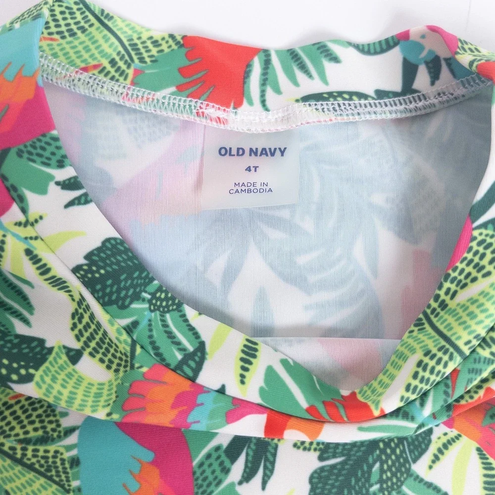Old Navy Rash Guard Swimsuit Set Kids 4T White Tropical Parrot Long Sleeve 2pc